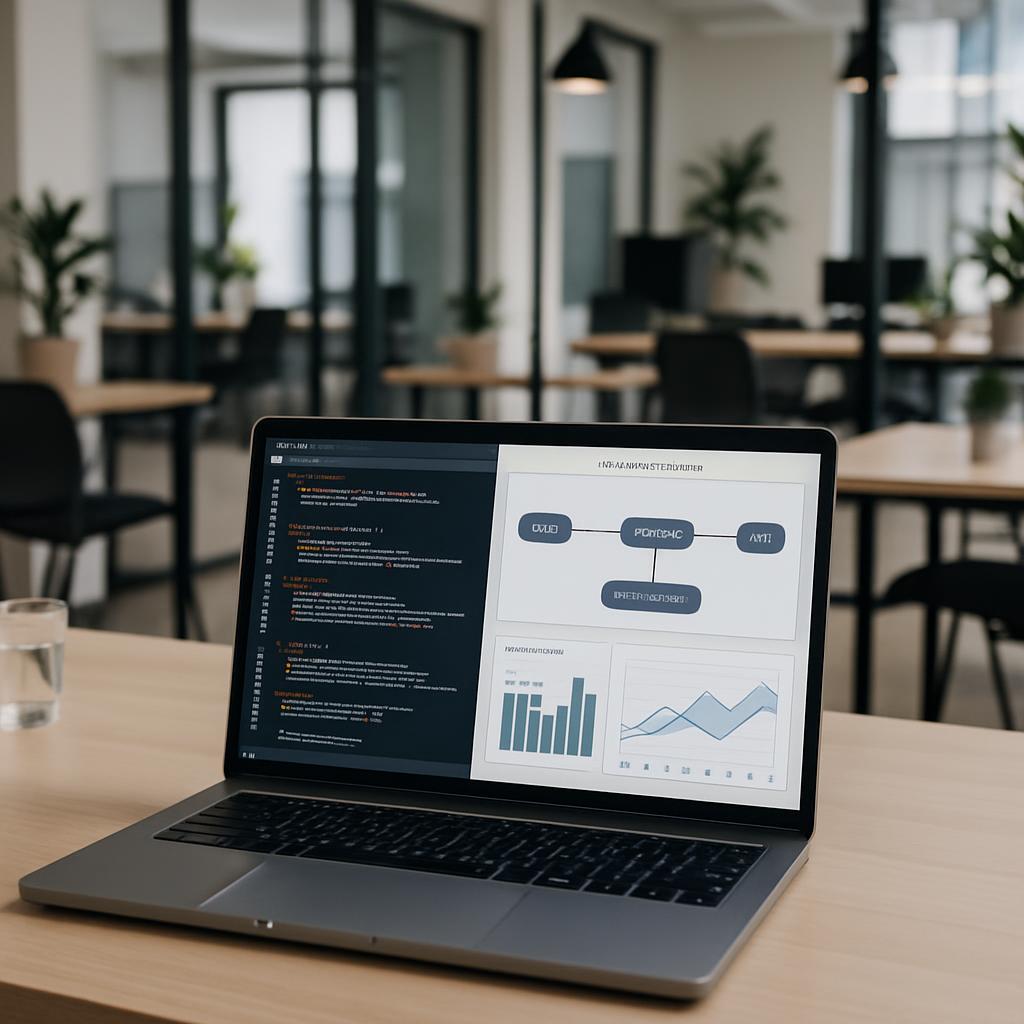 A laptop displaying a flowchart and bar graph on its screen, sitting on a wooden table in an office with blurred background.